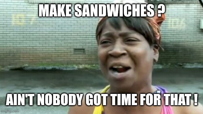 Ain't Nobody Got Time For That Meme | MAKE SANDWICHES ? AIN'T NOBODY GOT TIME FOR THAT ! | image tagged in memes,ain't nobody got time for that | made w/ Imgflip meme maker