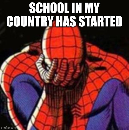Sad Spiderman | SCHOOL IN MY COUNTRY HAS STARTED | image tagged in memes,sad spiderman,spiderman,school,back to school,pain | made w/ Imgflip meme maker