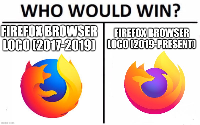 Who Would Win? | FIREFOX BROWSER LOGO (2017-2019); FIREFOX BROWSER LOGO (2019-PRESENT) | image tagged in memes,who would win,firefox,browser | made w/ Imgflip meme maker