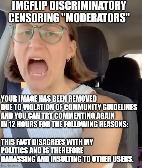 Unhinged Liberal Lunatic Idiot Woman Meltdown Screaming in Car | YOUR IMAGE HAS BEEN REMOVED DUE TO VIOLATION OF COMMUNITY GUIDELINES AND YOU CAN TRY COMMENTING AGAIN IN 12 HOURS FOR THE FOLLOWING REASONS: | image tagged in unhinged liberal lunatic idiot woman meltdown screaming in car | made w/ Imgflip meme maker