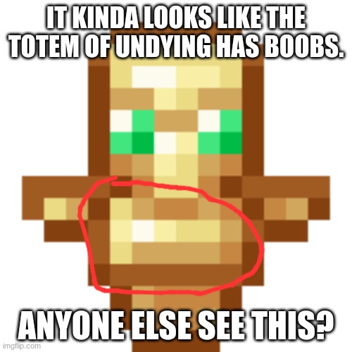 totem of undying | IT KINDA LOOKS LIKE THE TOTEM OF UNDYING HAS BOOBS. ANYONE ELSE SEE THIS? | image tagged in totem of undying | made w/ Imgflip meme maker