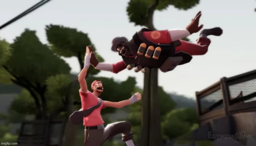 Scout and demoman high fiving | image tagged in scout and demoman high fiving | made w/ Imgflip meme maker