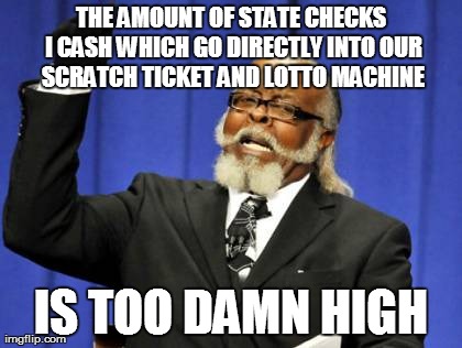 Too Damn High | THE AMOUNT OF STATE CHECKS I CASH WHICH GO DIRECTLY INTO OUR SCRATCH TICKET AND LOTTO MACHINE IS TOO DAMN HIGH | image tagged in memes,too damn high,AdviceAnimals | made w/ Imgflip meme maker