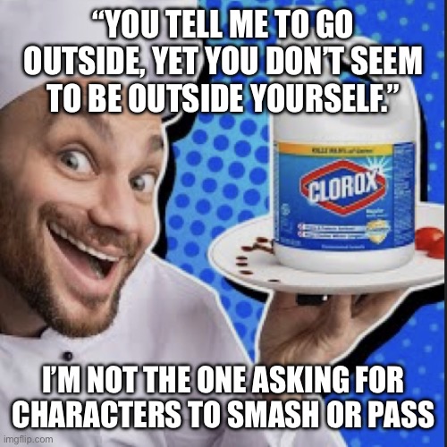 Chef serving clorox | “YOU TELL ME TO GO OUTSIDE, YET YOU DON’T SEEM
TO BE OUTSIDE YOURSELF.”; I’M NOT THE ONE ASKING FOR
CHARACTERS TO SMASH OR PASS | image tagged in chef serving clorox | made w/ Imgflip meme maker