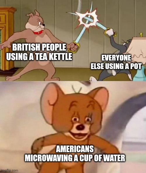 Tom and Jerry swordfight | BRITISH PEOPLE USING A TEA KETTLE; EVERYONE ELSE USING A POT; AMERICANS MICROWAVING A CUP OF WATER | image tagged in tom and jerry swordfight,british,memes,funny | made w/ Imgflip meme maker