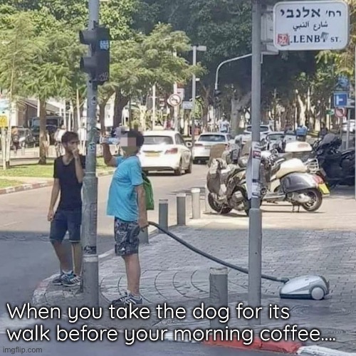 When you take the dog for its walk before your morning coffee | When you take the dog for its walk before your morning coffee…. | image tagged in when you grab the wrong leash,dog walking | made w/ Imgflip meme maker