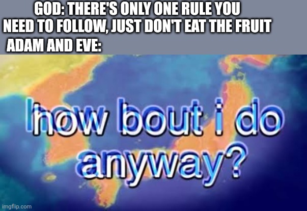 Haha funny mem lol | GOD: THERE'S ONLY ONE RULE YOU NEED TO FOLLOW, JUST DON'T EAT THE FRUIT; ADAM AND EVE: | image tagged in how bout i do anyway | made w/ Imgflip meme maker