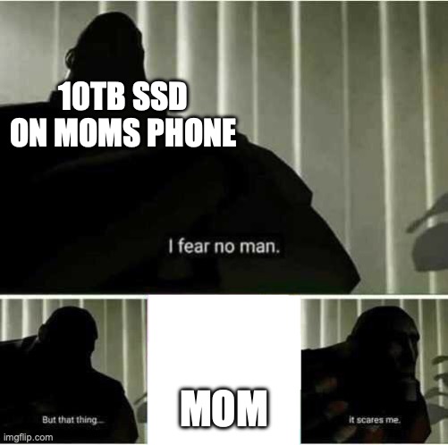 She wasted her phones storage bc pics and now she blames it on the internet. | 10TB SSD ON MOMS PHONE MOM | image tagged in i fear no man,moms,pics | made w/ Imgflip meme maker
