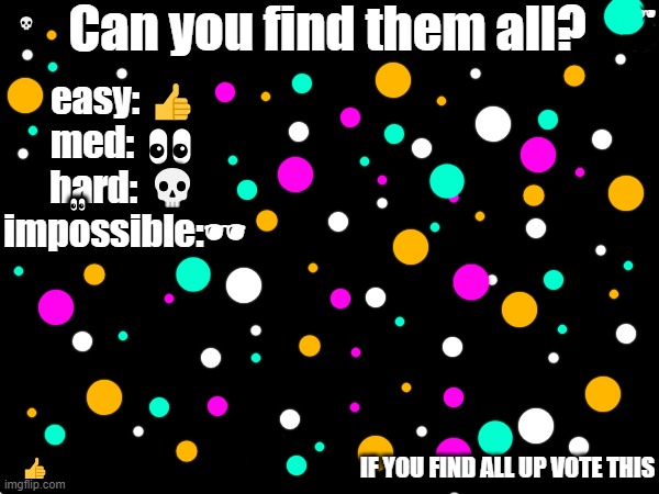 Can you find them all? 🕶; 💀; easy: 👍
med: 👀
hard: 💀
impossible:🕶; 👀; IF YOU FIND ALL UP VOTE THIS; 👍 | image tagged in andbrew | made w/ Imgflip meme maker