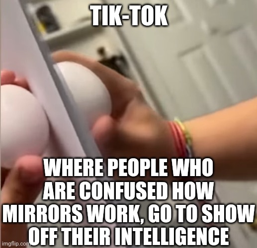 If misery loves company, then spectacular ignorance loves an audience.... | TIK-TOK; WHERE PEOPLE WHO ARE CONFUSED HOW MIRRORS WORK, GO TO SHOW OFF THEIR INTELLIGENCE | image tagged in tiktok,stupid people,mirror,hopeless,social media,science fiction | made w/ Imgflip meme maker
