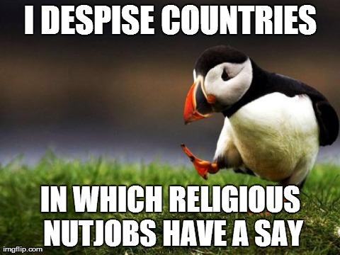 Unpopular Opinion Puffin | I DESPISE COUNTRIES IN WHICH RELIGIOUS NUTJOBS HAVE A SAY | image tagged in memes,unpopular opinion puffin,AdviceAnimals | made w/ Imgflip meme maker