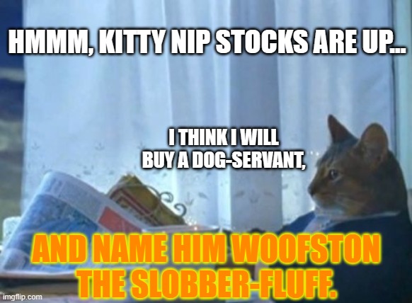 And his toy will be a pearl bone. | HMMM, KITTY NIP STOCKS ARE UP... I THINK I WILL BUY A DOG-SERVANT, AND NAME HIM WOOFSTON THE SLOBBER-FLUFF. | image tagged in memes,i should buy a boat cat,kitty nip stonks,dog servant | made w/ Imgflip meme maker