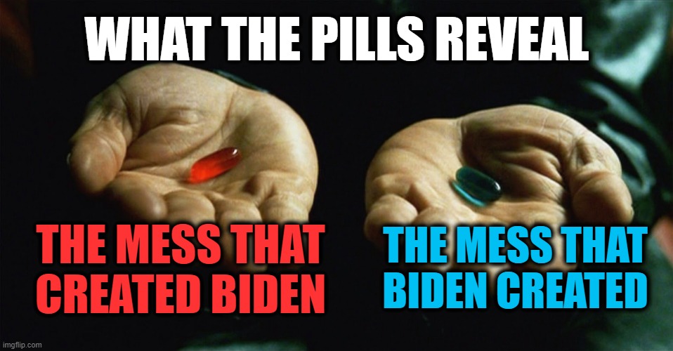 Red pill blue pill | WHAT THE PILLS REVEAL; THE MESS THAT BIDEN CREATED; THE MESS THAT CREATED BIDEN | image tagged in red pill blue pill | made w/ Imgflip meme maker