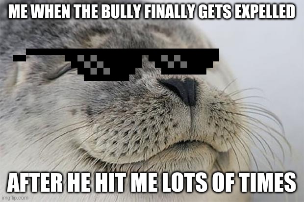 seal bully | ME WHEN THE BULLY FINALLY GETS EXPELLED; AFTER HE HIT ME LOTS OF TIMES | image tagged in memes,satisfied seal,school,seal | made w/ Imgflip meme maker