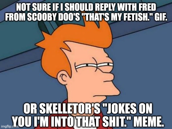 Futurama Fry Meme | NOT SURE IF I SHOULD REPLY WITH FRED FROM SCOOBY DOO'S "THAT'S MY FETISH." GIF. OR SKELLETOR'S "JOKES ON YOU I'M INTO THAT SHIT." MEME. | image tagged in memes,futurama fry | made w/ Imgflip meme maker