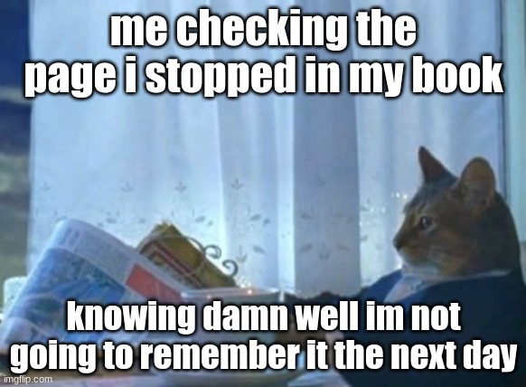 me rn | me checking the page i stopped in my book; knowing damn well im not going to remember it the next day | image tagged in memes,i should buy a boat cat | made w/ Imgflip meme maker