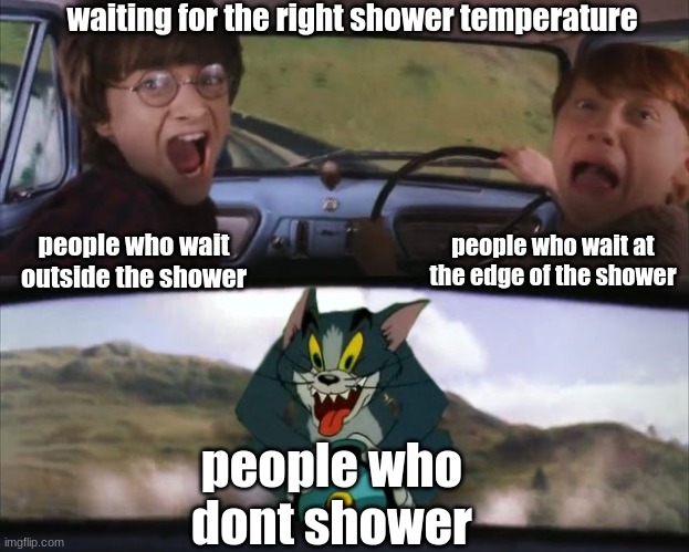 im harry ngl | waiting for the right shower temperature; people who wait at the edge of the shower; people who wait outside the shower; people who dont shower | image tagged in tom chasing harry and ron weasly | made w/ Imgflip meme maker