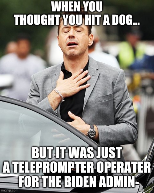 sigh of relief | WHEN YOU THOUGHT YOU HIT A DOG…; BUT IT WAS JUST A TELEPROMPTER OPERATER FOR THE BIDEN ADMIN | image tagged in sigh of relief,joe biden,maga,republicans,donald trump,gop | made w/ Imgflip meme maker