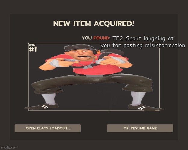 You got tf2 shit | TF2 Scout laughing at you for posting misinformation | image tagged in you got tf2 shit | made w/ Imgflip meme maker