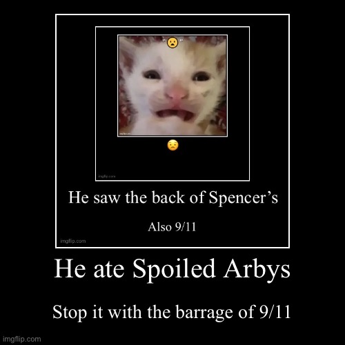 He ate Spoiled Arbys | Stop it with the barrage of 9/11 | image tagged in funny,demotivationals | made w/ Imgflip demotivational maker