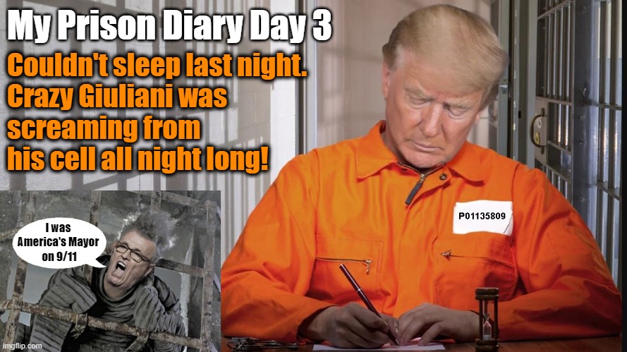 My Prison Diary Day 3; Couldn't sleep last night.
Crazy Giuliani was 
screaming from his cell all night long! I was America's Mayor
 on 9/11 | image tagged in donald trump,prison,diary,rudy giuliani | made w/ Imgflip meme maker