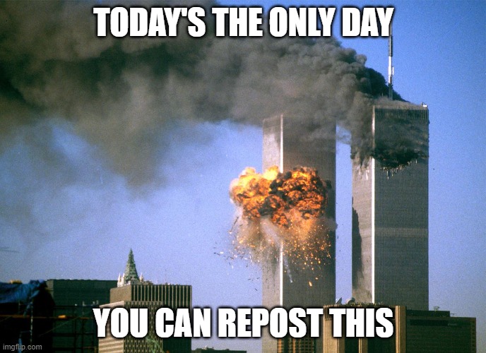 911 9/11 twin towers impact | TODAY'S THE ONLY DAY; YOU CAN REPOST THIS | image tagged in 911 9/11 twin towers impact | made w/ Imgflip meme maker