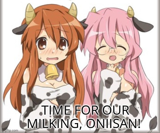 Anime farmer problems | TIME FOR OUR MILKING, ONIISAN! | image tagged in anime,farmer,problems,cows,moo | made w/ Imgflip meme maker