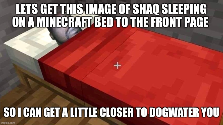 I ain’t gonna stop until i surpass water you | LETS GET THIS IMAGE OF SHAQ SLEEPING ON A MINECRAFT BED TO THE FRONT PAGE; SO I CAN GET A LITTLE CLOSER TO DOGWATER YOU | image tagged in black guy sleeping in minecraft bed | made w/ Imgflip meme maker