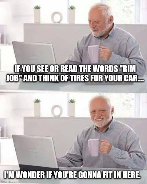 Rim job, anyone? | IF YOU SEE OR READ THE WORDS "RIM JOB" AND THINK OF TIRES FOR YOUR CAR.... I'M WONDER IF YOU'RE GONNA FIT IN HERE. | image tagged in memes,anal,licking,lick,sex jokes,satire | made w/ Imgflip meme maker