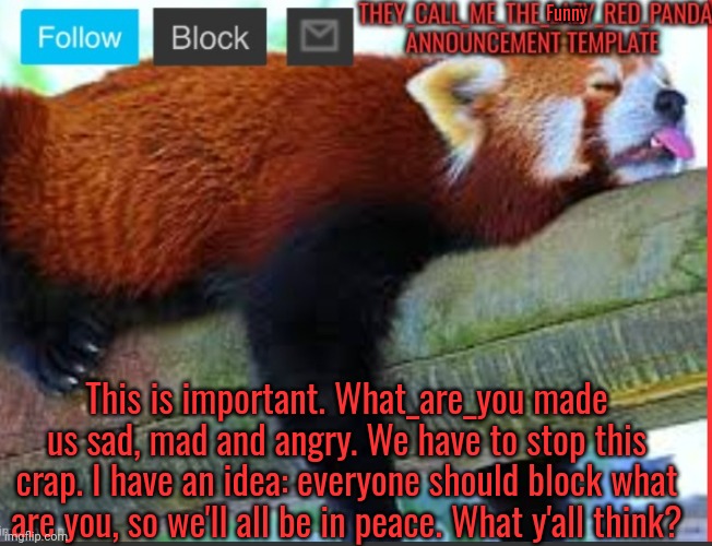 Im /srs/ | Funny; This is important. What_are_you made us sad, mad and angry. We have to stop this crap. I have an idea: everyone should block what are you, so we'll all be in peace. What y'all think? | image tagged in they_call_me_the_lazy_red_panda new announcement template | made w/ Imgflip meme maker