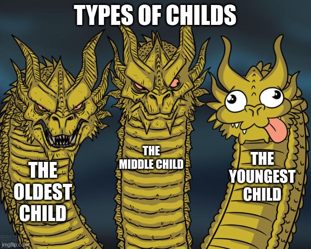 chilD | TYPES OF CHILDS; THE MIDDLE CHILD; THE YOUNGEST CHILD; THE OLDEST CHILD | image tagged in three-headed dragon | made w/ Imgflip meme maker