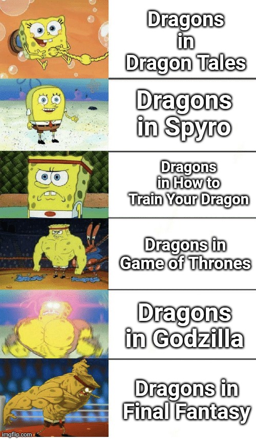 Dragons in Media | Dragons in Dragon Tales; Dragons in Spyro; Dragons in How to Train Your Dragon; Dragons in Game of Thrones; Dragons in Godzilla; Dragons in Final Fantasy | image tagged in 6 panel buff spongebob | made w/ Imgflip meme maker