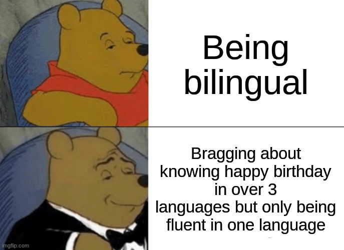 Languages | Being bilingual; Bragging about knowing happy birthday in over 3 languages but only being fluent in one language | image tagged in memes,tuxedo winnie the pooh,language | made w/ Imgflip meme maker