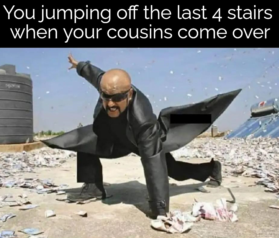How it feels when you leap off the stairs | You jumping off the last 4 stairs 
when your cousins come over | image tagged in feels like,jumping,show off,impressed | made w/ Imgflip meme maker