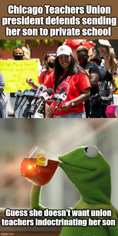 Chicago Teachers Union president defends sending her son to private school; Guess she doesn't want union teachers indoctrinating her son | image tagged in but that's none of my business,liberal hypocrisy | made w/ Imgflip meme maker