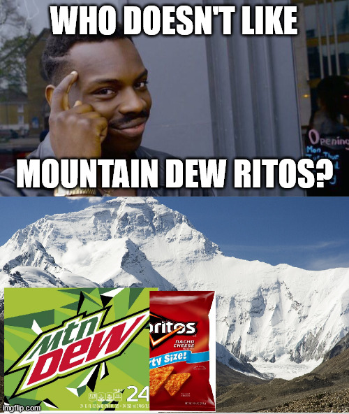 WHO DOESN'T LIKE MOUNTAIN DEW RITOS? | image tagged in memes,roll safe think about it | made w/ Imgflip meme maker