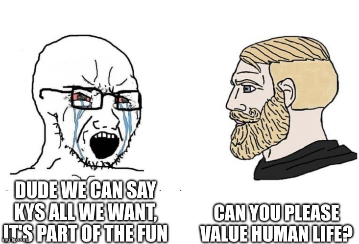 Soyboy Vs Yes Chad | DUDE WE CAN SAY KYS ALL WE WANT, IT'S PART OF THE FUN CAN YOU PLEASE VALUE HUMAN LIFE? | image tagged in soyboy vs yes chad | made w/ Imgflip meme maker