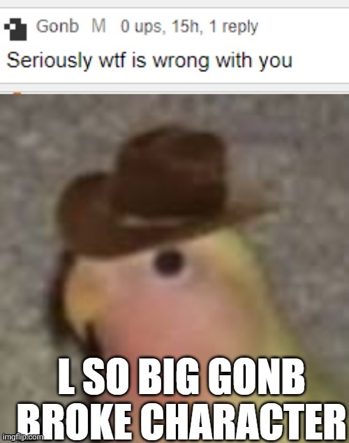 L so big Gonb broke character | image tagged in l so big gonb broke character | made w/ Imgflip meme maker