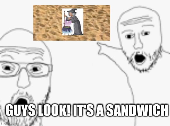 quite literally | GUYS LOOK! IT'S A SANDWICH | image tagged in memes,funny,witch,sand,guy pointing | made w/ Imgflip meme maker