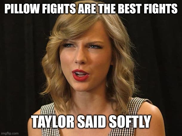 Taylor said softly | PILLOW FIGHTS ARE THE BEST FIGHTS; TAYLOR SAID SOFTLY | image tagged in taylor swiftie | made w/ Imgflip meme maker