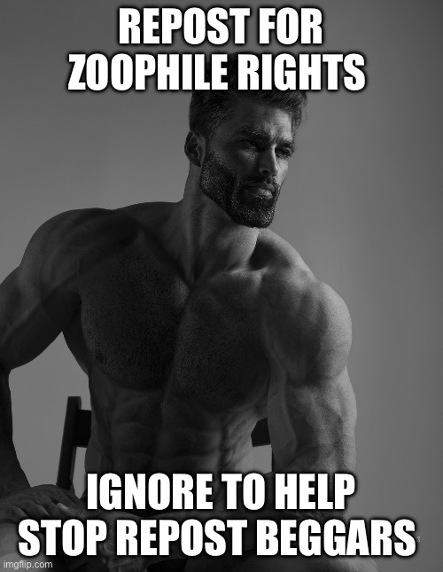 Giga Chad | REPOST FOR ZOOPHILE RIGHTS IGNORE TO HELP STOP REPOST BEGGARS | image tagged in giga chad | made w/ Imgflip meme maker