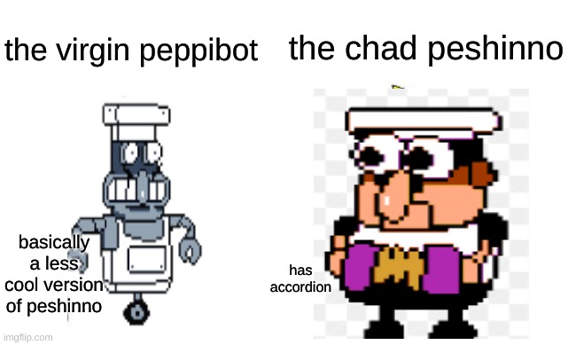 theres only room for one robot peppino (also i added an extra n to peshino, my bad) | the chad peshinno; the virgin peppibot; basically a less cool version of peshinno; has accordion | image tagged in virgin vs chad,pizza tower,memes | made w/ Imgflip meme maker