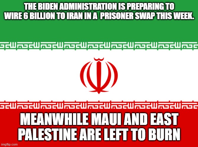 The house of representatives is allowing this!! | THE BIDEN ADMINISTRATION IS PREPARING TO WIRE 6 BILLION TO IRAN IN A  PRISONER SWAP THIS WEEK. MEANWHILE MAUI AND EAST PALESTINE ARE LEFT TO BURN | image tagged in iran flag,iran,democrats,congress,hawaii,ohio | made w/ Imgflip meme maker