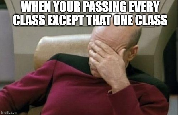 When Your Passing every class except that one class you Hate/Dislike | WHEN YOUR PASSING EVERY CLASS EXCEPT THAT ONE CLASS | image tagged in memes,captain picard facepalm,math,class,pain | made w/ Imgflip meme maker