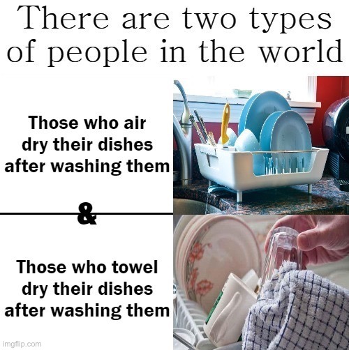 Who of them are you? | image tagged in two types of people in the world air dry or towel dry dishes | made w/ Imgflip meme maker