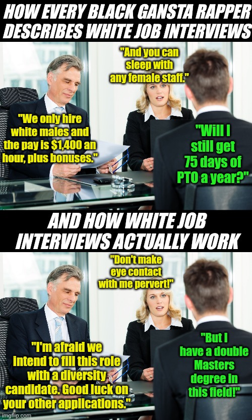 The amazing thing about White Privalege is..... No white person has yet seen it, used it, or knows what it means. | HOW EVERY BLACK GANSTA RAPPER DESCRIBES WHITE JOB INTERVIEWS; "And you can sleep with any female staff."; "We only hire white males and the pay is $1,400 an hour, plus bonuses."; "Will I still get 75 days of PTO a year?"; AND HOW WHITE JOB INTERVIEWS ACTUALLY WORK; "Don't make eye contact with me pervert!"; "But I have a double Masters degree in this field!"; "I'm afraid we intend to fill this role with a diversity candidate. Good luck on your other applications." | image tagged in job interview,white privilege,rap battle,unrealistic expectations,the truth hurts,black people | made w/ Imgflip meme maker