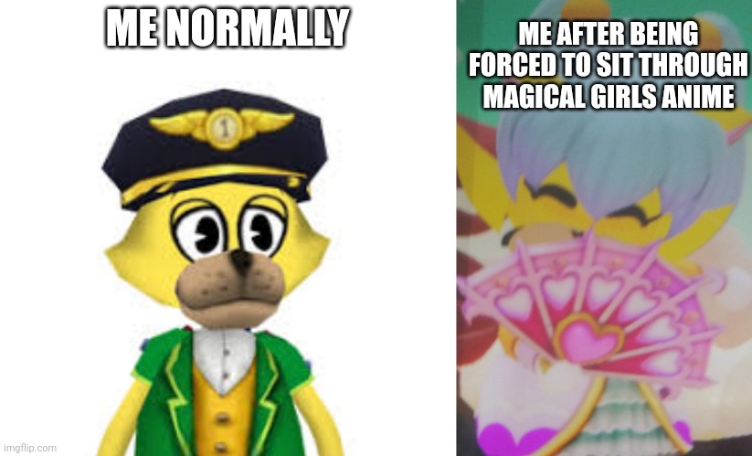 ME AFTER BEING FORCED TO SIT THROUGH MAGICAL GIRLS ANIME; ME NORMALLY | image tagged in femboy,anime,x vs y | made w/ Imgflip meme maker