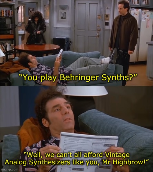 Mr Highbrow | “You play Behringer Synths?”; “Well, we can’t all afford Vintage Analog Synthesizers like you, Mr Highbrow!” | image tagged in seinfeld,vcr manual,jerry seinfeld,kramer,kramer what's going on in there,synthesizer | made w/ Imgflip meme maker