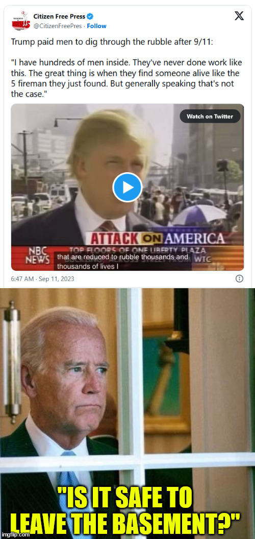 What were you doing that day? | "IS IT SAFE TO LEAVE THE BASEMENT?" | image tagged in sad joe biden,9/11,remember that time | made w/ Imgflip meme maker