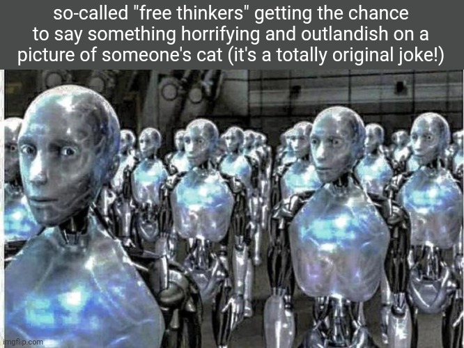 so called free thinkers | so-called "free thinkers" getting the chance to say something horrifying and outlandish on a picture of someone's cat (it's a totally original joke!) | image tagged in so called free thinkers | made w/ Imgflip meme maker